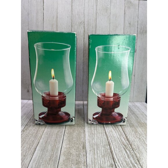 Vtg Luminarc Hurricane Candle Holder Clear Glass Chimney Ruby Red Base Box Set 2 - Picture 7 of 12